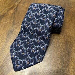 Brioni Men's 100% Silk Tie Navy Blue Floral Pattern Italy